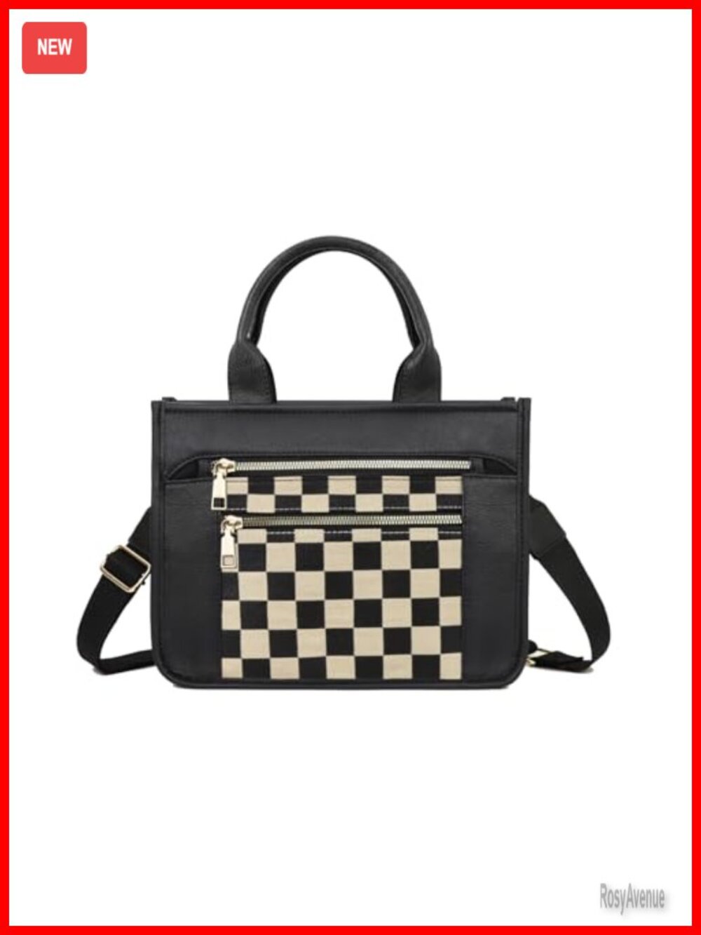Canvas PU Leather Checkered Tote Bag Adjustable Strap Crossbody Satchel